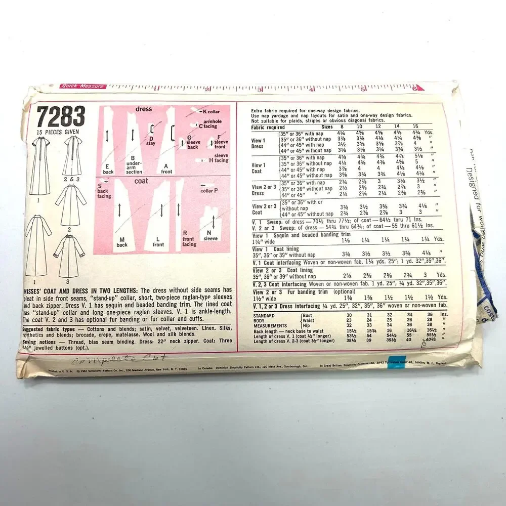Simplicity Vintage 1960's Pattern #7283 Misses Coat & Dress 2 Lengths‎ Size 14